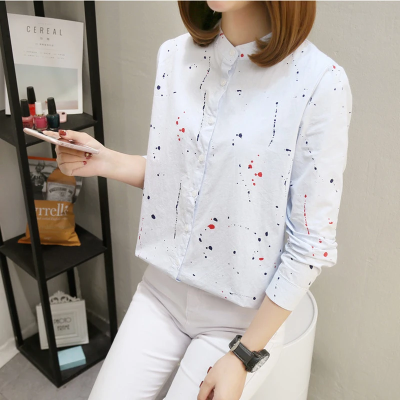 2020 New Fashion Women Blouses White/Blue 100% Cotton Leisure Shirt Personality Graffiti Tops Ladies Blouses Long Sleeve
