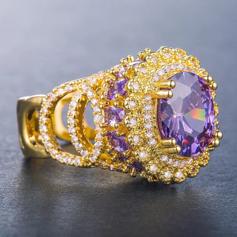 Женское кольцо с полым камнем Visisap золотистого цвета овальным фиолетовым в стиле
