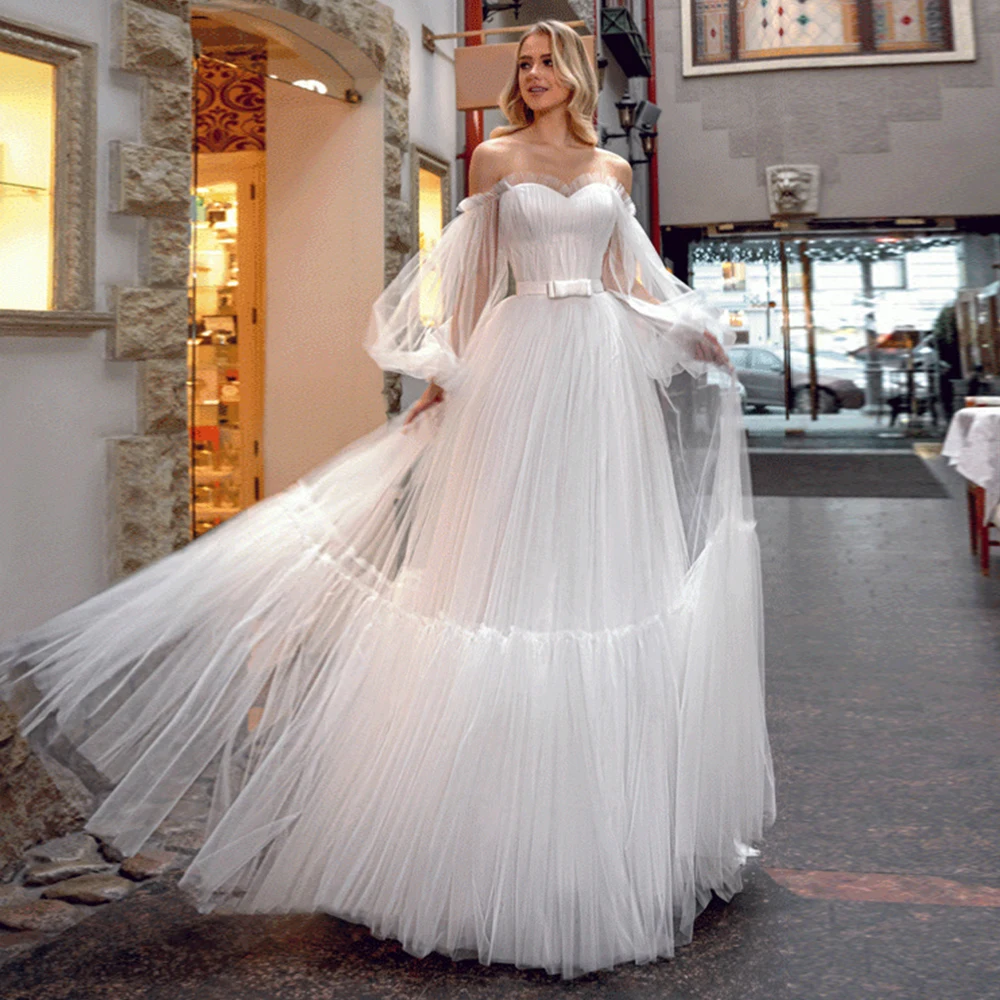 

Elegant Princess Puffy Sleeves Wedding Gowns Off Shoulder Sweetheart White Tulle A Line Bridal Dresses Custom Made Robe