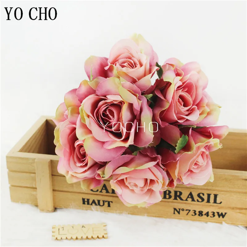 

YO CHO Artificial Flower 6 Heads Fake Rose Mini Bouquet Pink DIY Flower Arrangement Bridesmaids Girl Home Party Wedding Decor