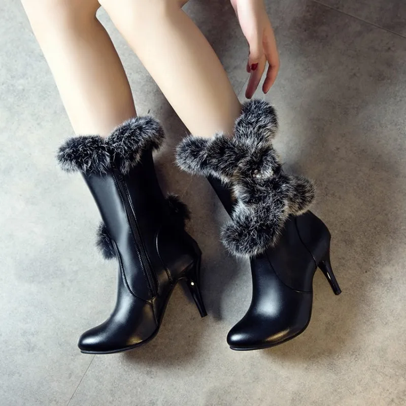 Boots Women Autumn Winter Ankle Modern Rabbit Hair Pu Spike Heels Super High Heel Round Toe Zip White New Fashion 2021 | Обувь