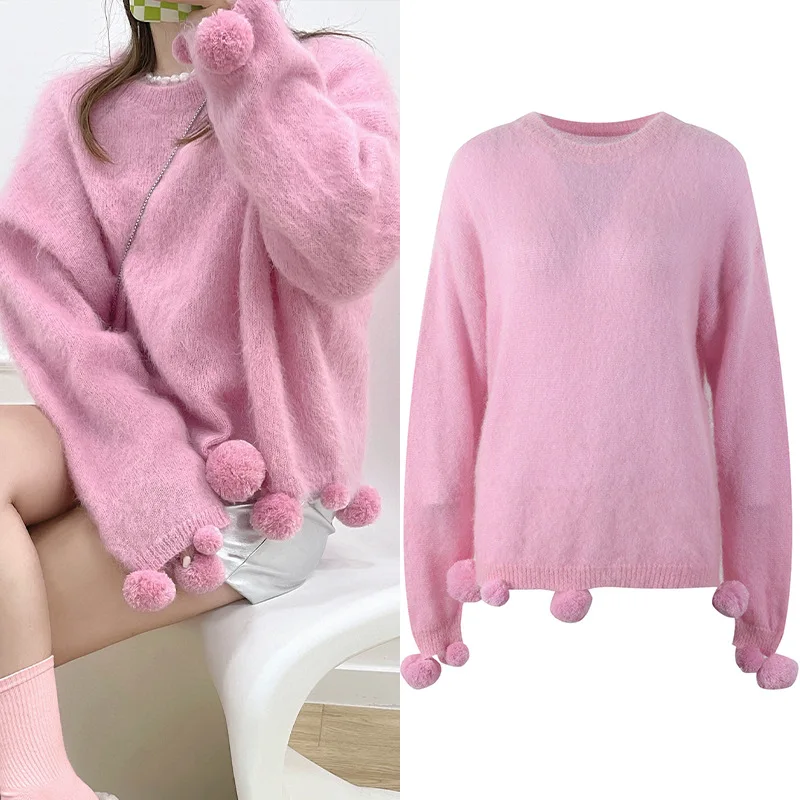 

Pink Mohair Sweater Pullovers Women Loose Knit Tops Sweet Ball Tassel Casual Jumper Jersey 2021 Autumn Winter Kawaii Korean ins