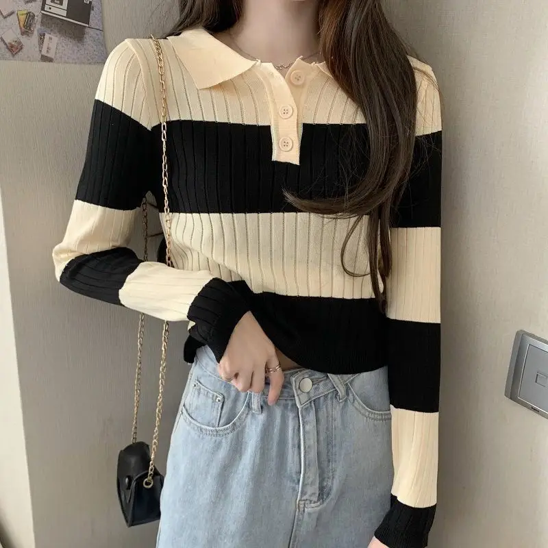 

Sweet Color Matching Striped Knitted Crop Top T-shirt Women Loose Polo Collar Long Sleeve Sweater