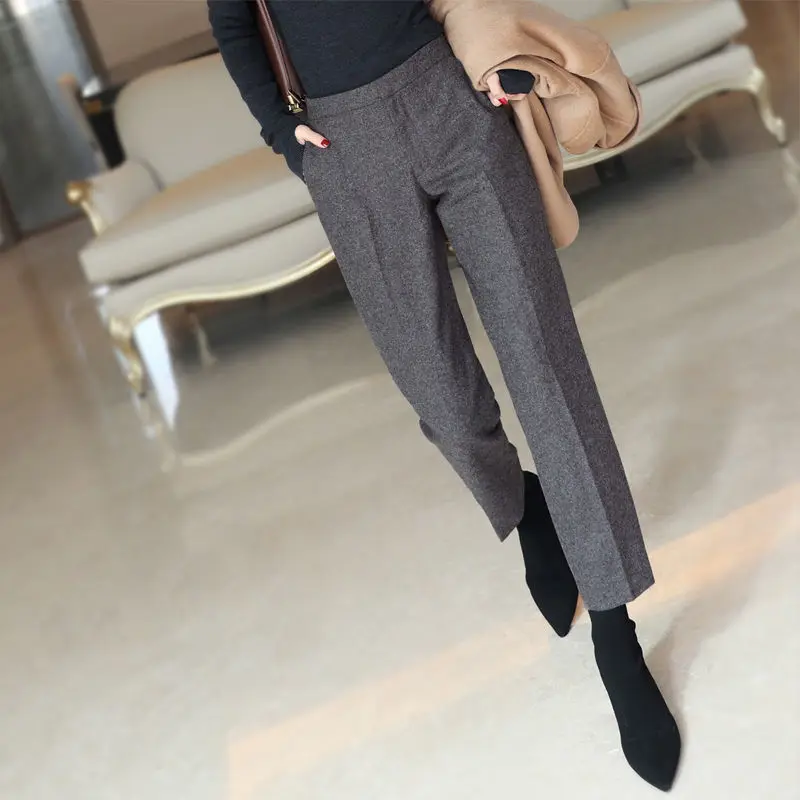 

Women 2021 Autumn Winter Fashion Loose Work Suit Pants Female Casual Woolen Trousers Ladies Solid Color Harem Pants T889