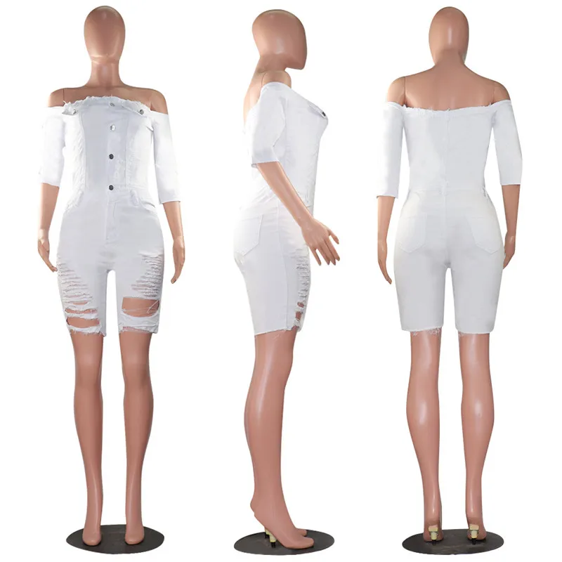 

Fashion Sexy Frosted Washed Denim Short Jumpsuit with Torn Edges, Plus Size Ladies Elegant Summer Casual Pants Streetwear