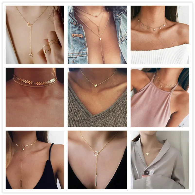 

Tiny Heart Necklace for Women SHORT Chain Heart star Pendant Necklace Gift Ethnic Bohemian Chokers Necklaces Jewelry Wholesale