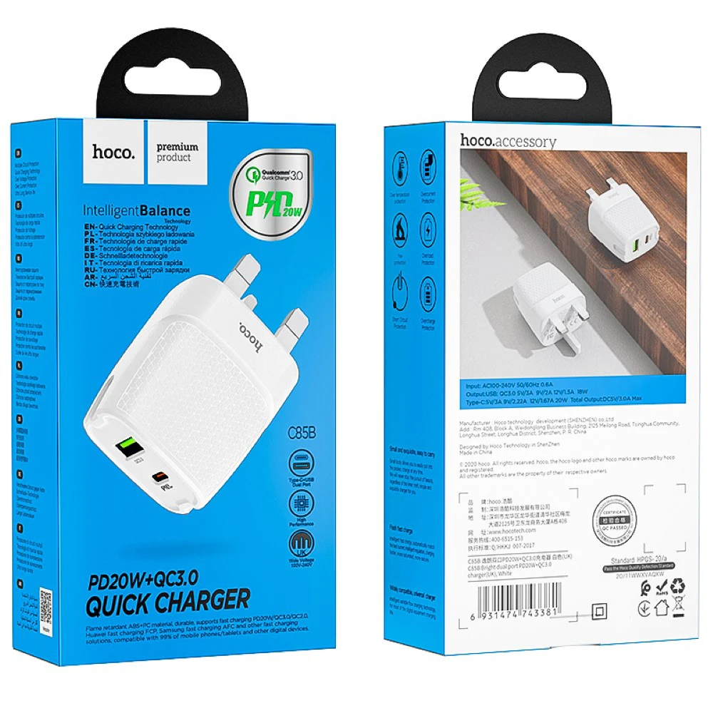 

HOCO C85B 20W PD Quick 3.0 Charger Wall Plug USB Fast Charger with Dual Ports Travel Charging Adapter for iPhone 12