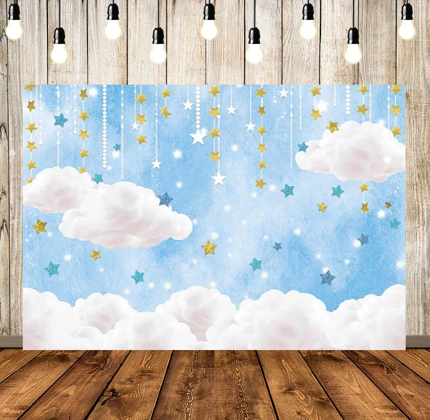 

Blue Sky White Clouds Backdrop for Kids Photography Twinkle Stars Portrait Photo Background Glitter Birthday Party Decoration