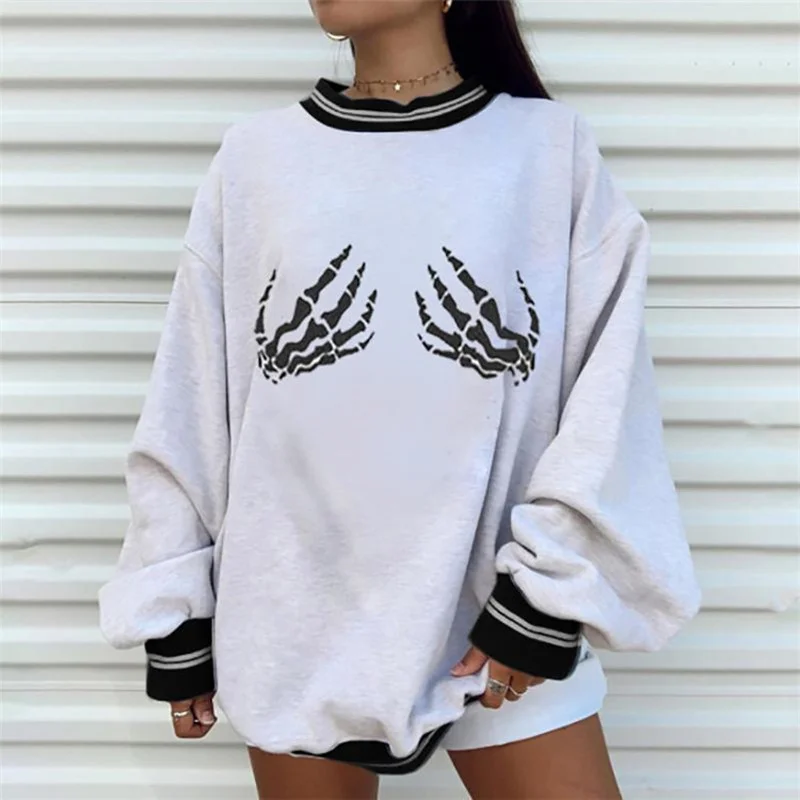 

Sweatshirt Ladies Black Bone Hand Printed Long Sleeve Loose Sweater Pullover Sweatshirt Womens Winter Tops Oversized Sweatshirt