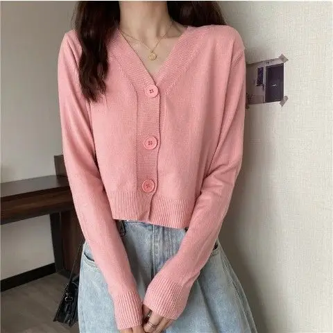 

Укороченный вязаный кардиган, женский короткий свитер в Корейском стиле, Кардиган с длинным рукавом и V-образным вырезом, зеленая Женская од...