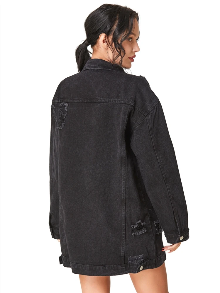 

Women's Windbreake Spring Autumn Casual Black Denim Jacket Coat Female Slim Fit Frayed Fashion Jean Overcoat Ripped Outerwear
