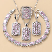 pink bridal jewelry sets 925 silver romantic wedding fashion women costume earrings bracelet and ring necklace sets
