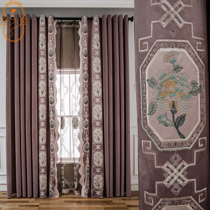 

European-style Curtains for Living Dining Room Bedroom High-endLuxury Embroidered Flannel Curtain Finished Product Customization