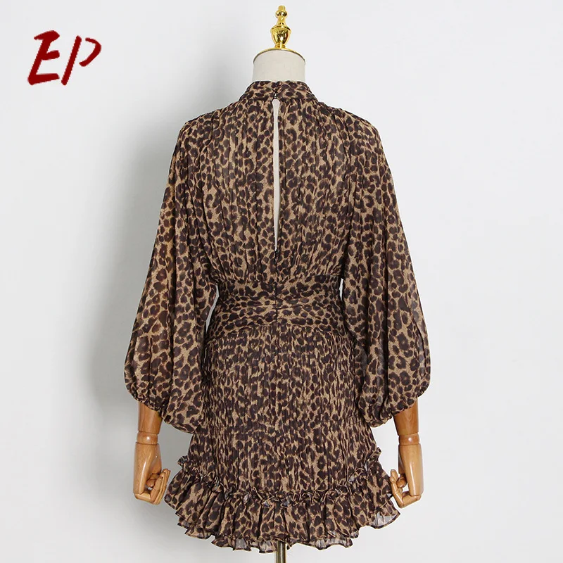 

EP Spring 2021 New Fashion Temperament Elegant Fold Gauze Waist Lantern Sleeve Slim Flounce Short Dress
