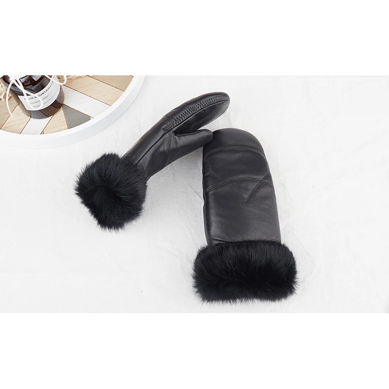 

Luxury Imported Real Rex Rabbit fur Leather gloves women Black Sheepskin Genuine Leather winter glove Genuine Thick Warm gloves