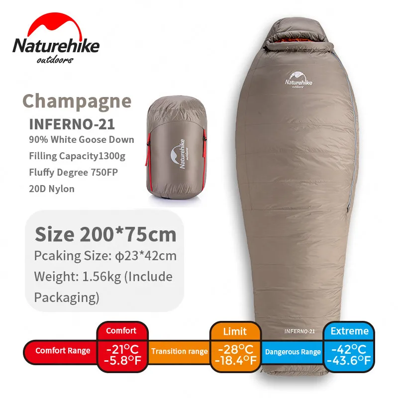 1300g-Champagne Naturehike зимний 750FP гусиный пух спальный мешок-21 ℃ утолщенный открытый кемпинг ветрозащитный Теплый Мумия портативный унисекс спальный мешок - Цвет: 1300g-Champagne