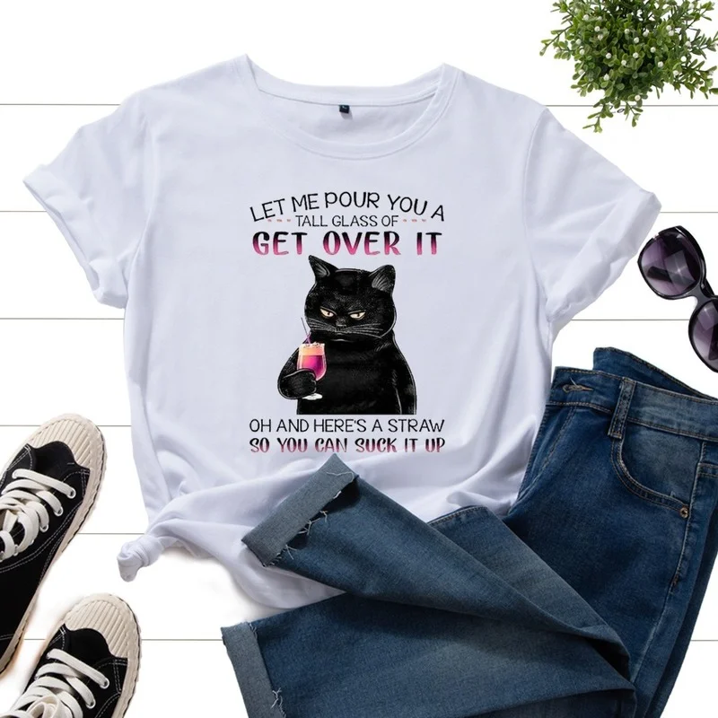 

Women Summer T-Shirt Casual Short Sleeve Cat Letter Print Female Graphic Fashion Casual Tshirt Ladies Daily Loose O-Neck Tee Top