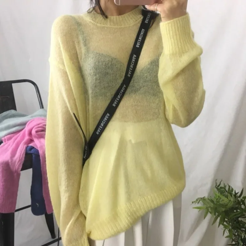 

Kimotimo Yellow Pullover Women Korean Chic Tender O-neck Transparent Thin Sweater Autumn New Long Sleeve Sun Protection Knit Top
