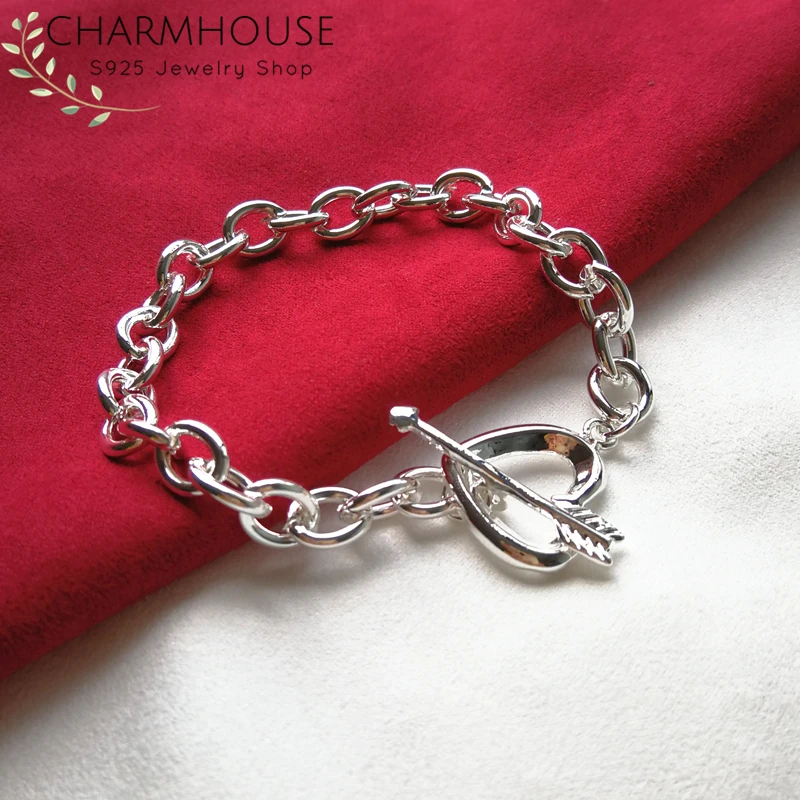 Женский браслет из серебра 925 пробы со стрелками и звеньями сердца|Цепочки