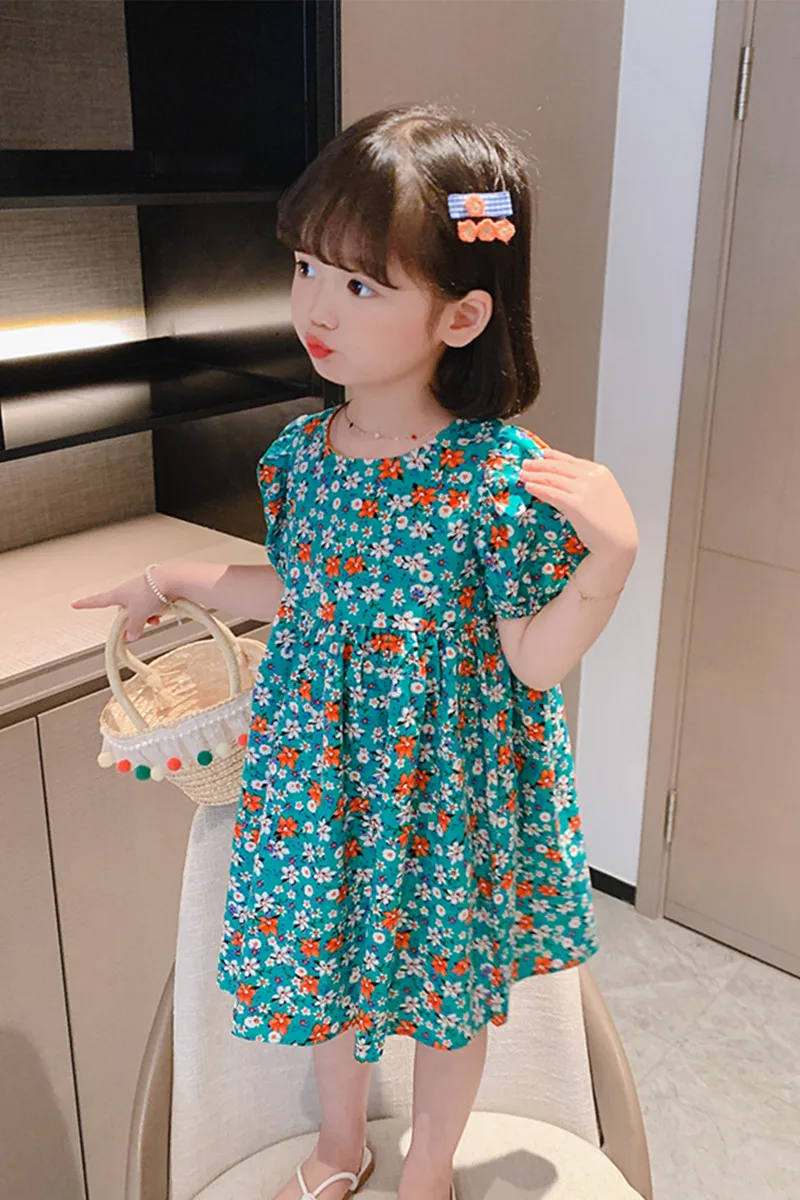 

Girls'summer Dress New Baby Girl Child Child 2-year-old Garden-style Bubble Sleeve Floral Dress Lace Backless Princess Dress