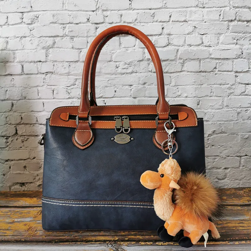 Blue With Camel Сумки из натуральной воловьей кожи для женщин, винтажные роскошные сумки из натуральной кожи, женские сумки, дизайнерская Большая вместительная сумка на плечо - Цвет: Blue With Camel