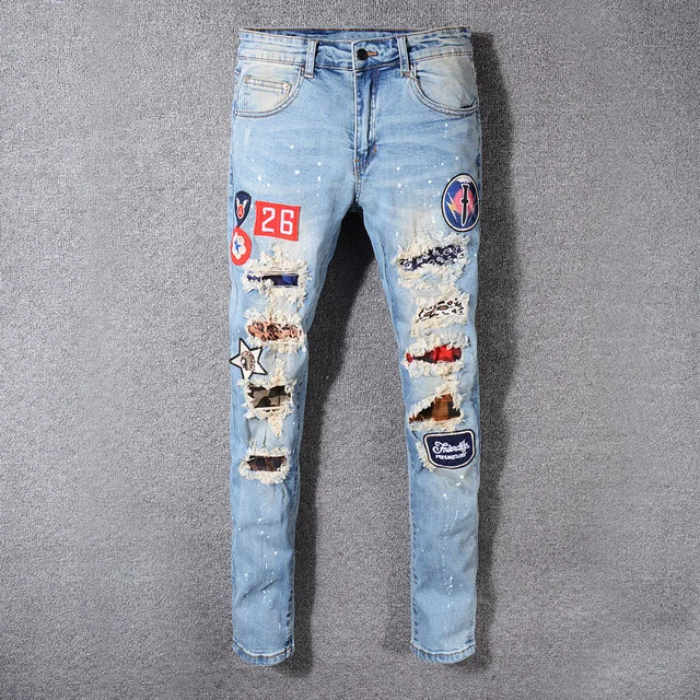 Streetwear Hip Hop Jeans Men Jeans Blue Color Destroyed Ripped Jeans Men Denim Broken Pants Large Size 28-42 Slim Fit 528