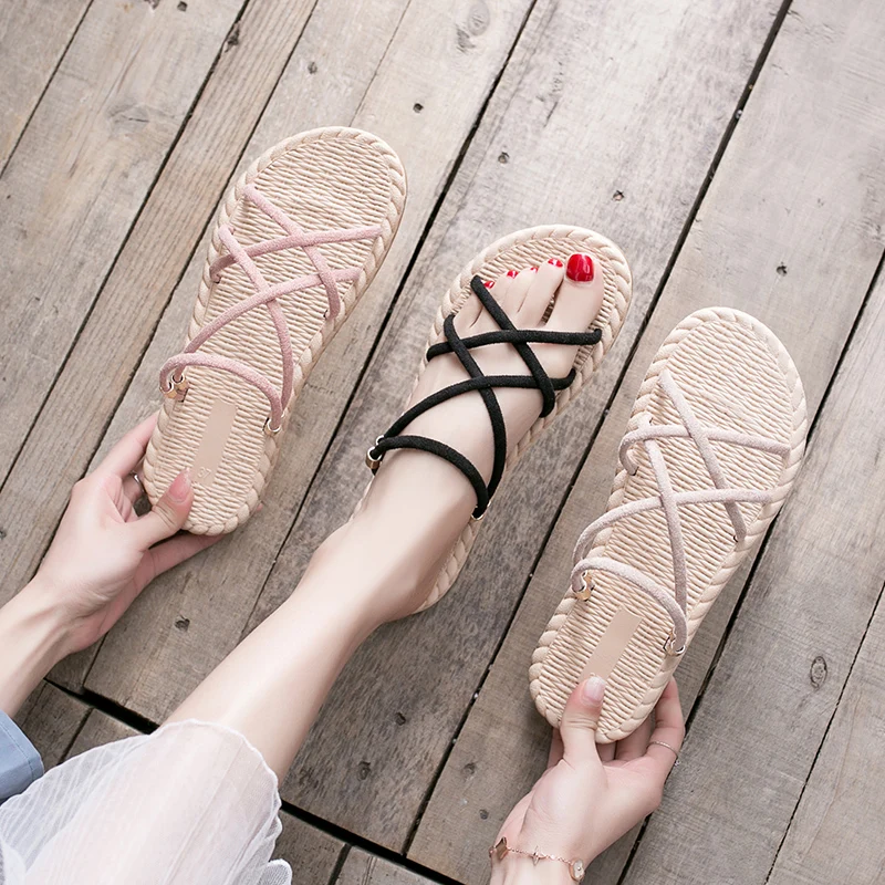 

Shoes Low Flock Slippers Casual Slides Cross-Tied Slipers Women Luxury Soft Flat 2021 Rome Fabric PU Fashion Rubber Cross-Tied F