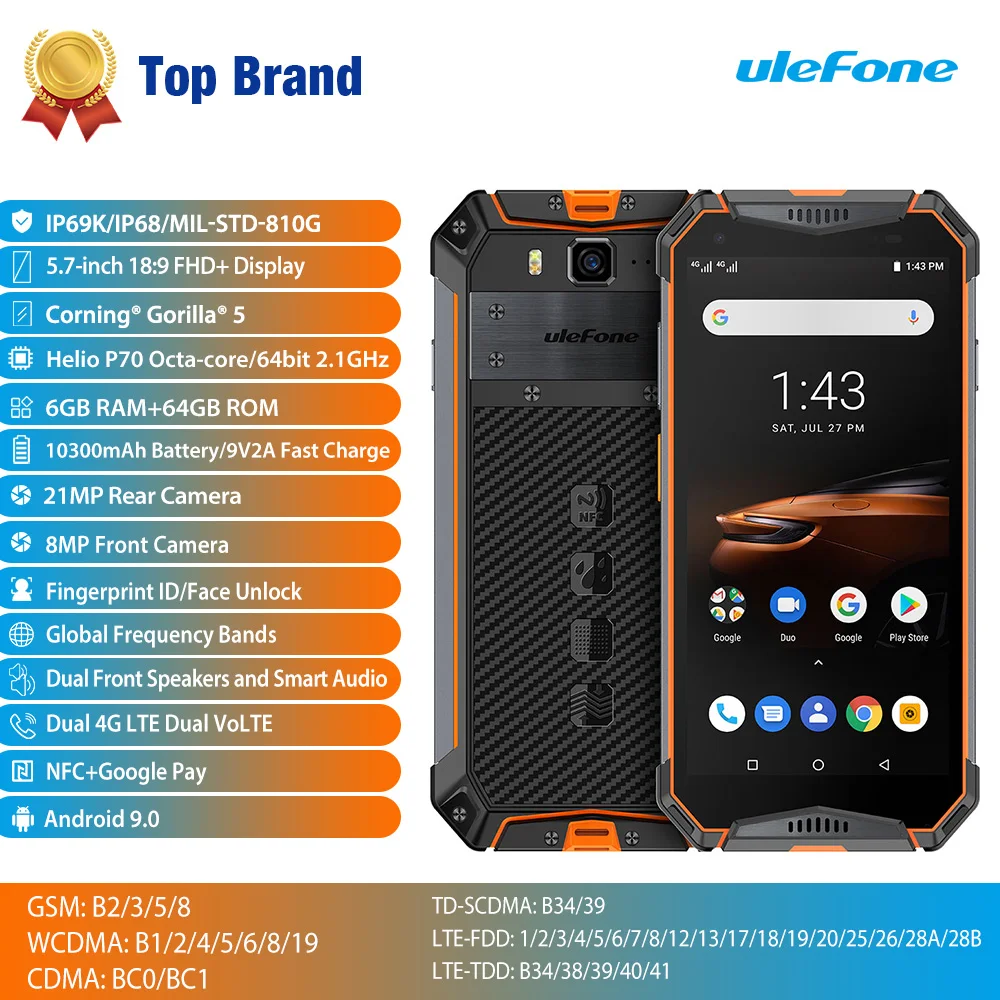 Защищенный смартфон Ulefone Armor 3 Вт Android 9 0 IP68 5 7 дюйма Helio P70 6 ГБ + 64 10300 мАч сотовый