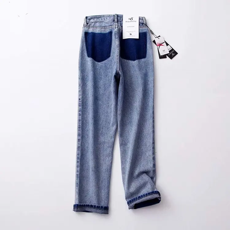 

Jeans Woman Denim Pants Pockets inside Out Blue High Waist Plus Size Woman for Full Length Straight Streetwear Denims