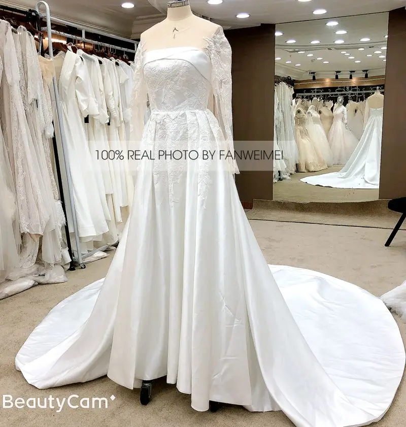 

FAST SHIPPING Satin Elegant Floral Appliques Long Sheer Sleeves Wedding Dress Illusion Back Winter Chruch Bridal Gown 5190#