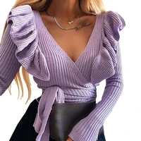 lady sexy elegant ruffle lace up wrap knitted tops women long sleeve v neck slim fit holiday fashion casual sweaters knitwear
