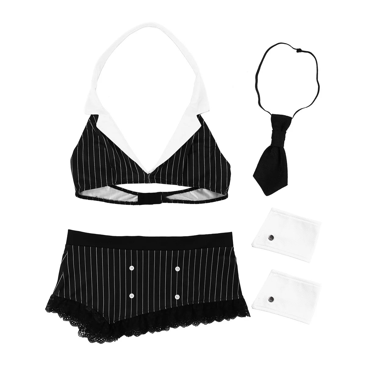 

Sexy Lingerie Womens Striped Halter Neck Sexy Bra Top Tight Mini Skirt With Necktie And Cuffs Role Play Cosplay Costume Outfit