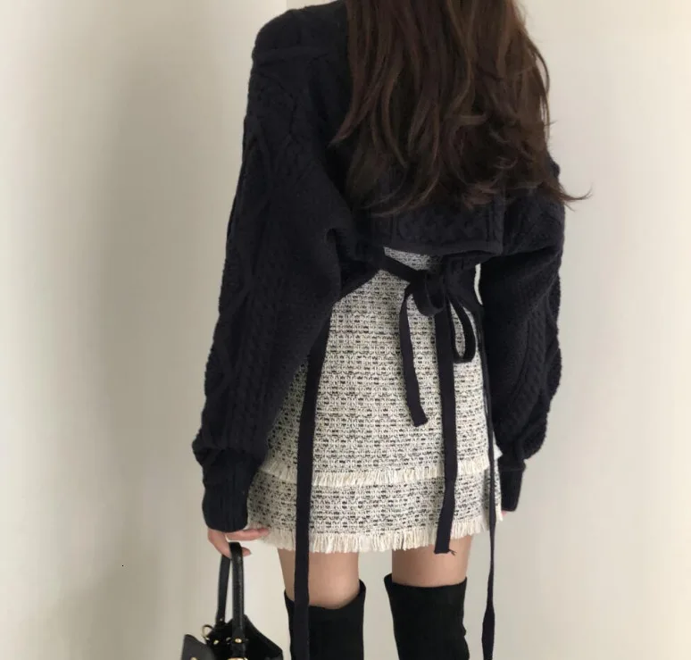 Autumn Slim Skirts Set Women 2 Piece New Retro V-neck Tie Sweater + Fringed Body Skirt Two-piece Suit Conjuntos De Mujer | Женская