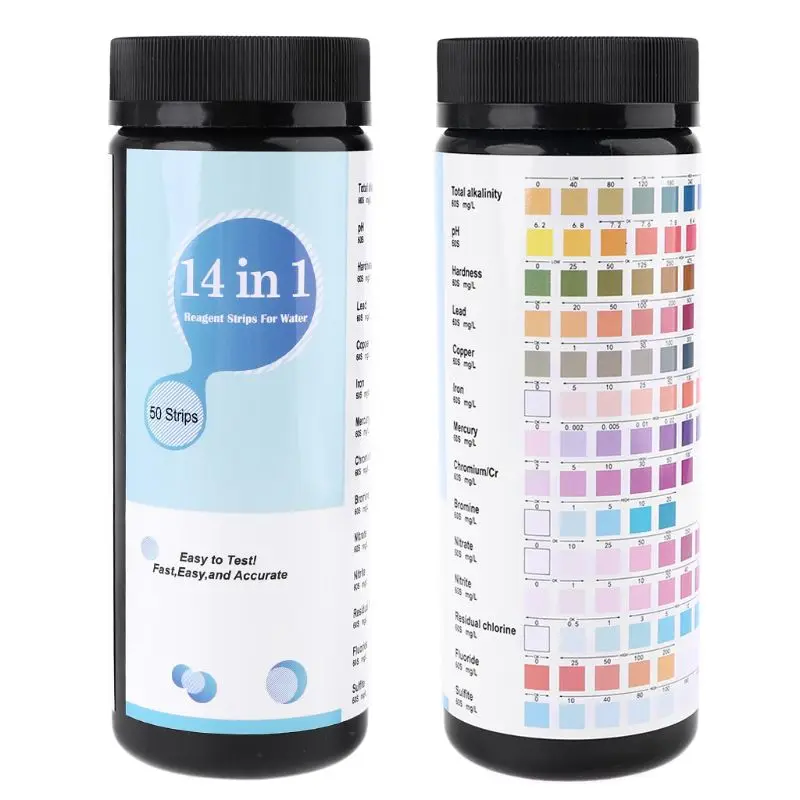 

50pcs 14in1 Pool Spa Reagent Strips for pH Chlorine Alkalinity Bromine Hardness