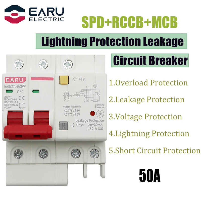 Автоматический выключатель остаточного тока 50A 2P SPD с защитой от молний и