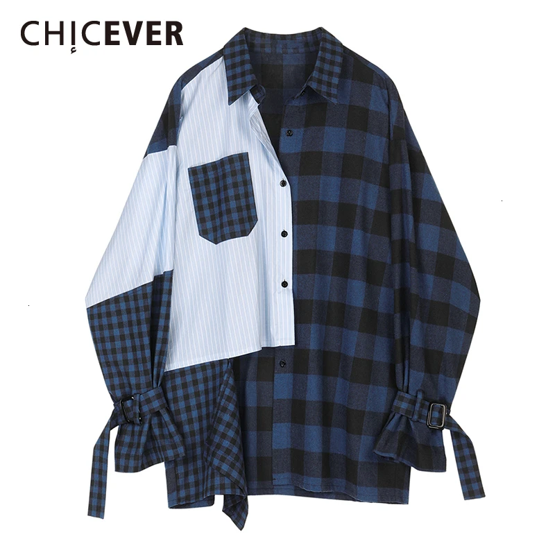 CHICEVER Korean Plaid Shirt For Women Lapel Collar Long Sleeve Lace Up Patchwork Irregular Blouse Female Autumn 2020 Fashion New | Женская