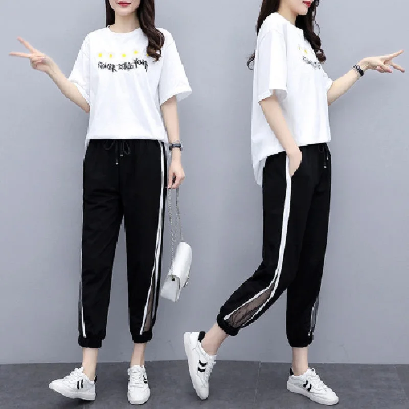 

2 piece set women oversized 2021 suit new short-sleeved embroidered top suit female fashion casual tracksuit women TYJTJY
