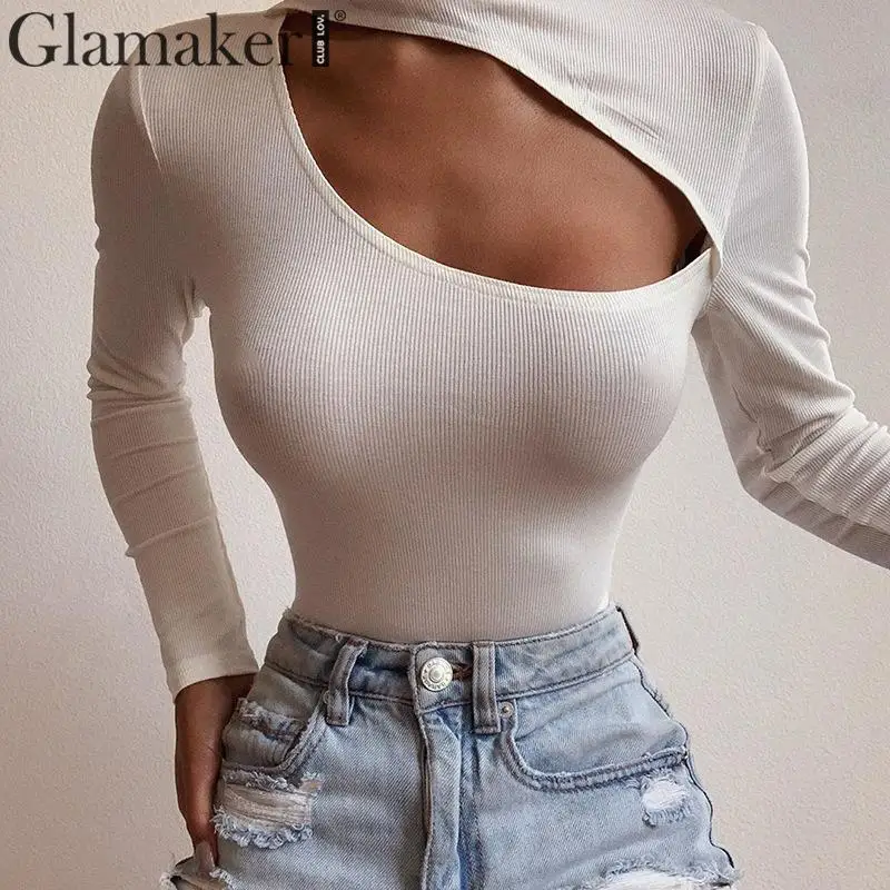 Женский Трикотажный боди Glamaker белый облегающий с длинным рукавом сексуальные
