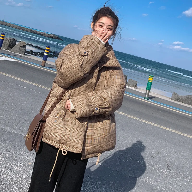 

Autumn Winter 2021 female Jacket Plaid short Parkas Coat Korean New Thick Warm Loose Casual Oversized Women jacket