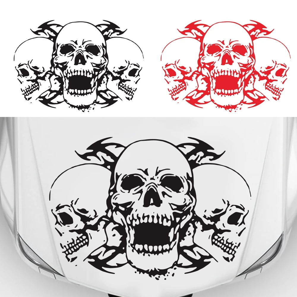 

1Pc Skull totem car paper front hood front decoration vinyl decals three skull totem machine cover door car stickers