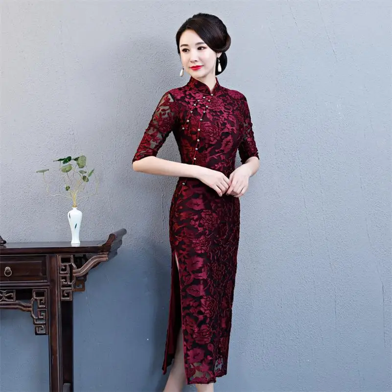Вышивка цветочные дамы длинный Qipao Плюс Размер 3XL 4XL Осень бархат Тонкий Cheongsam