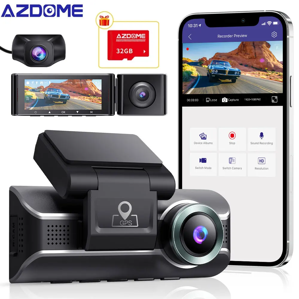 AZDOME Three Channel 2K+1080P+1080P WiFi GPS Car DVR Dual Lens Infrared Light Night Vision 3 170 Degree Dash Cam Camera | Автомобили и