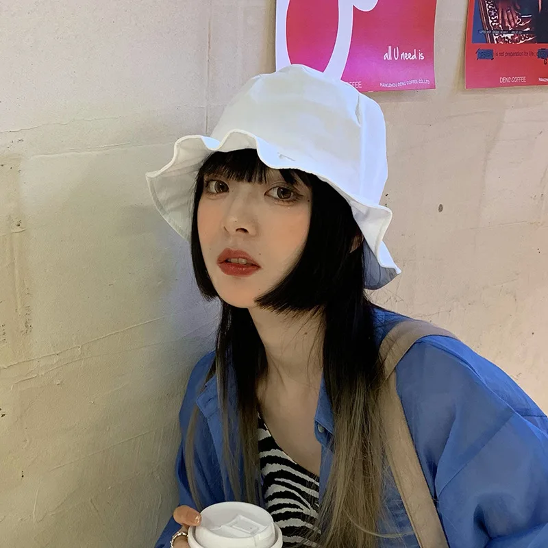 

Fisherman hat Female White Casual Lotus Leaf Fold Lace Bucket hat Simple Wide-brimmed Face Small Sun hat Summer Breathable hat