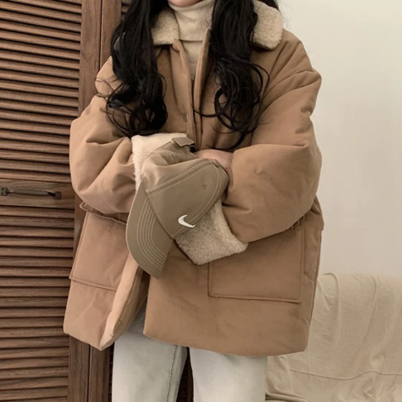 

2021 Autumn And Winter Models Lapel Loose Women's Wild Jacket Long-sleeved Thickened Warm Lamb Wool Coatкуртка зимняя женская