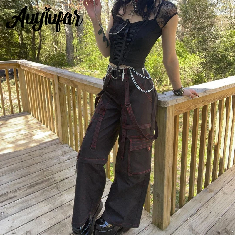 

Auyiufar Fairy Grunge Casual Jeans Cargo Pants Y2k Punk Streetwear Ribbon Fashion Loose 90s Trouser Urban Straight Leg Pants Hot