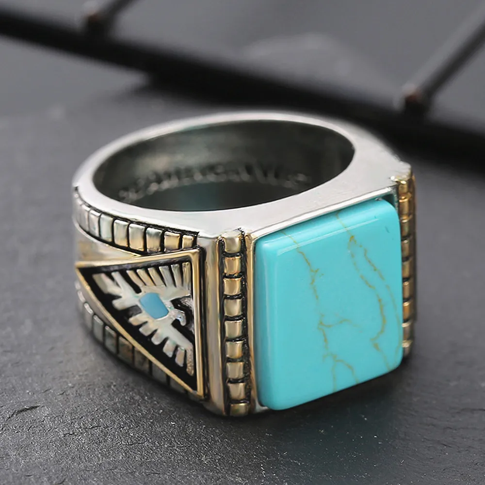 

Fashion Vintage Square Turquoise Stones Rings for Men Feather Carving Indian Accessories Jewelry Bague Masculine Cool Band Gift