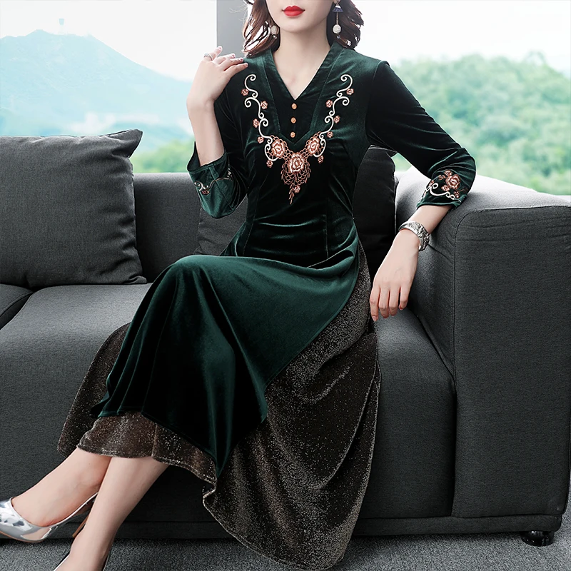 2019 Fall Spring Chinese Womens Green Black Patchwork Embroidery Velour Cheongsam Long Dress Women Slim 3xl Velvet Dresses | Женская