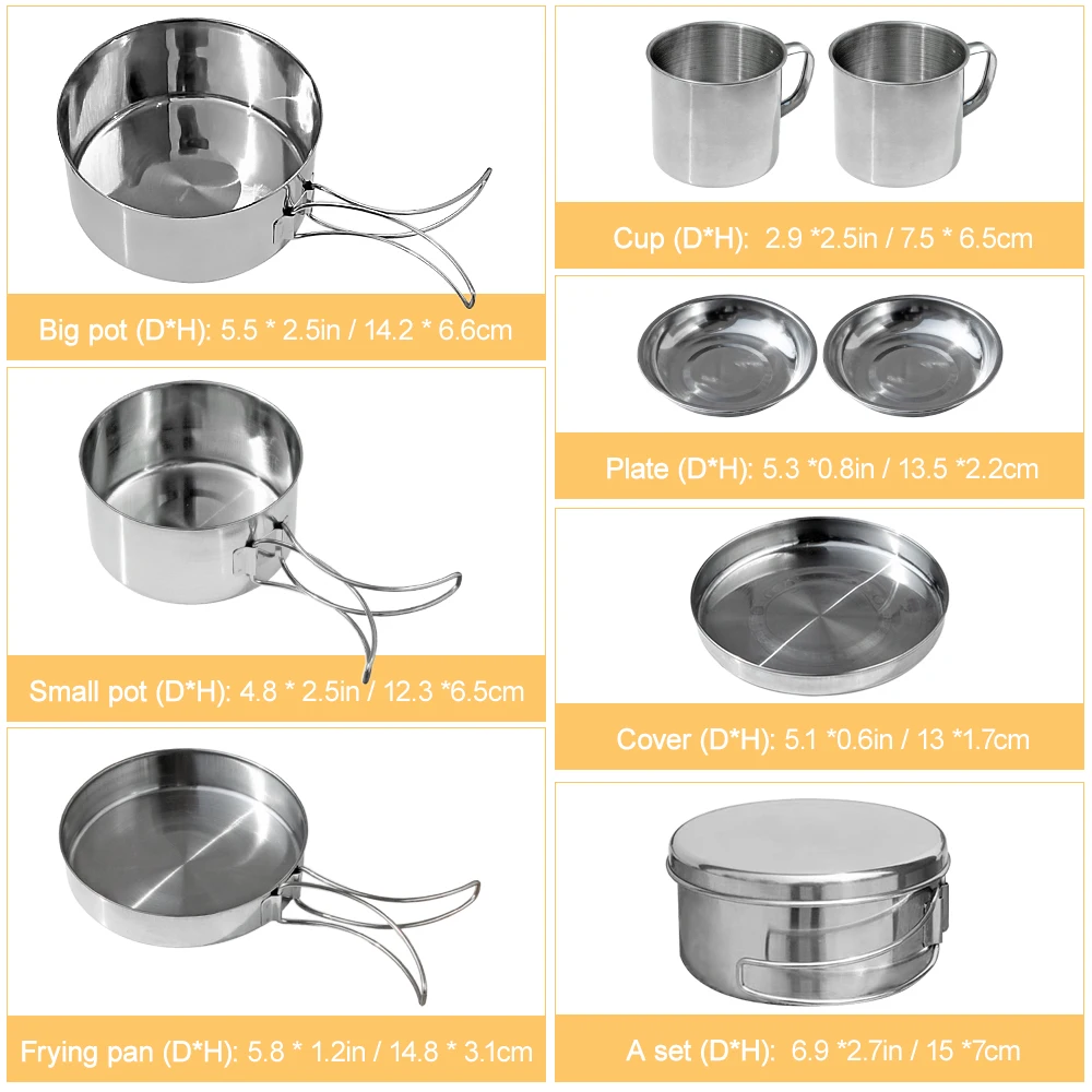 

8Pcs/set Outdoor Stainless Steel Pot Set Camping Soup Coffee Water Cups Tableware Cookware Plate/Bowl/Cup/Pan Set for 1-2 People