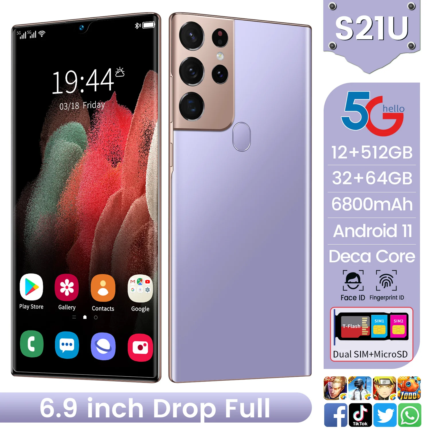 

Newest Smartphone S21U Android11 16GB RAM 512GB ROM 6800mAh Deca Core CPU Mobile Phone 6.9" 64MP Rear Cameras