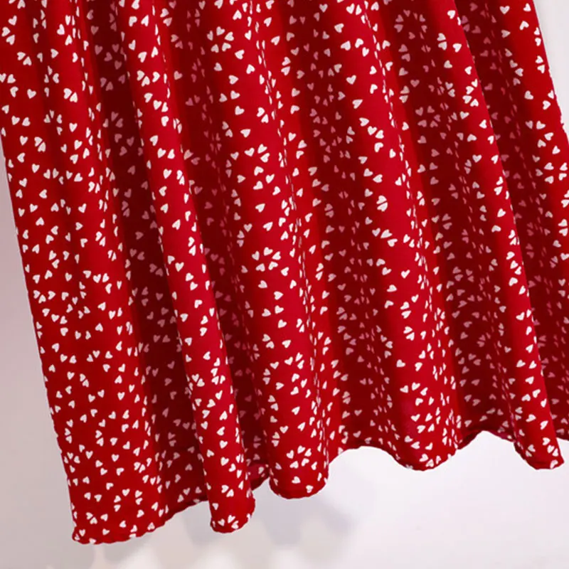 

Vintage Butterfly Sleeve Ruffles Heart Dot Print Dress Women Medium Long Chiffon Ladies Spring Summer Dress Red Black Blue